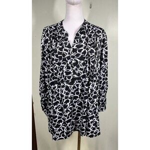 Notations Womens Sz 3X Blouse Black White Geo Print Pintuck Modern Career Style